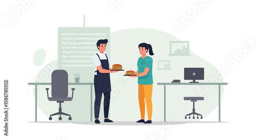 Office Worker Receiving Lunch From Coworker During Work Hours Inside The Office