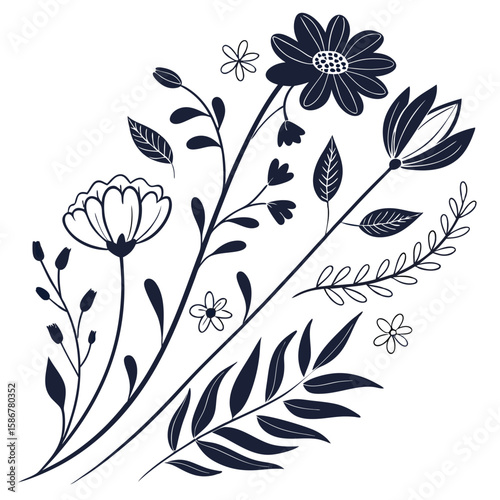 Dark blue floral arrangement with leaves botanical