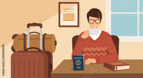 Man Preparing For Trip Enjoying A Warm Drink Packing Passport And Luggage