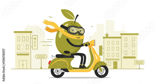 Olive On A Scooter Delivering Food Through The City With Buildings Backdrop