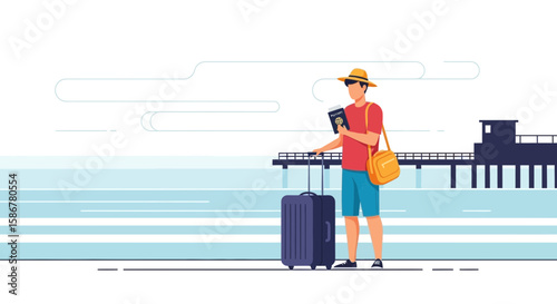 Man Preparing For Vacation Travel With Passport And Suitcase Illustration