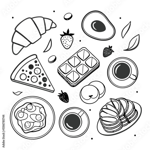 Breakfast assortment with coffee and fruits food croissant
