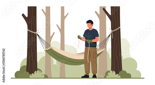 Man Preparing Hammock Between Trees In A Relaxing Forest Scenic Spot