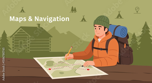 Hiker Planning Adventure Trip Using Topographic Map In Forest Adventure