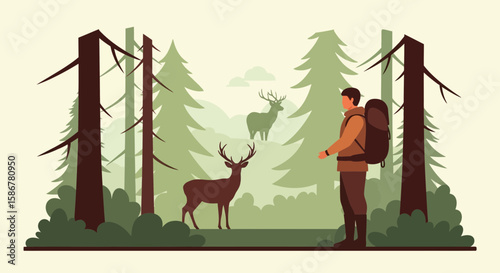 Hiker Watches Deer In Tranquil Wooded Landscape Scenery Expedition Outdoors
