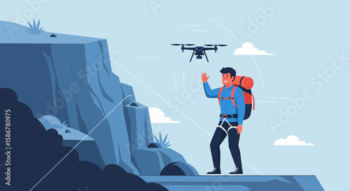 Hiker Waves To Drone On Cliff With Backpack And Safety Harness Exploring The Outdoors