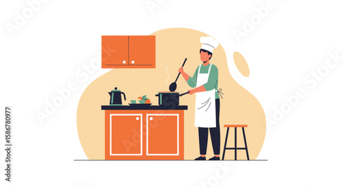 Professional Chef Preparing Delicious Meal In Modern Kitchen Illustration