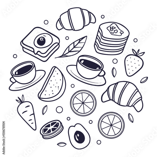 Breakfast food and drinks collection coffee croissant