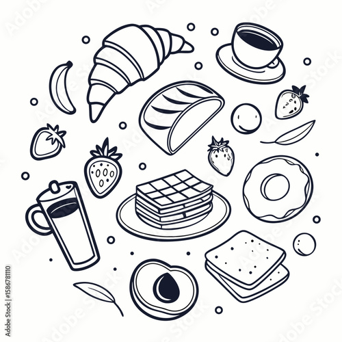 Breakfast food assortment doodle illustration croissant