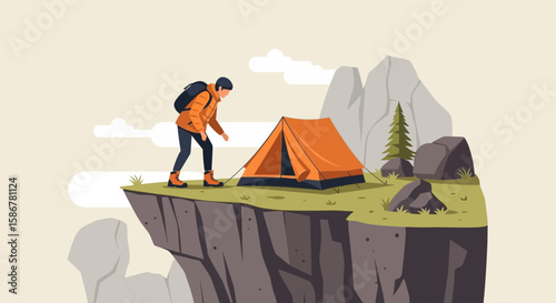 Man Reaching Tent On Cliff Edge Mountain Adventure Outdoor Trip Landscape