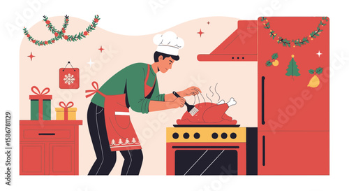 Holiday Feast Preparation Chef Basting Turkey In Decorated Kitchen Festive Season