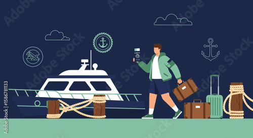Holiday Travel: Man With Luggage and Passport Ready To Board a Boat For Adventure