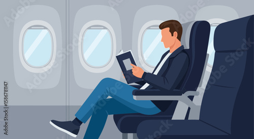 Man Reading Book Enjoying Inflight Entertainment During Commercial Airplane Flight