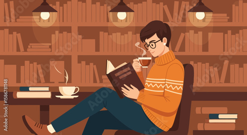 Man Reading Book And Drinking Coffee In Cozy Library With Bookshelves