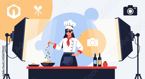 Professional Chef Styling Food Under Studio Lights For Online Culinary Course
