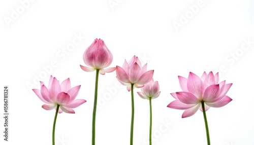 Group of four vibrant pink lotus flowers on stems against clean white background. Delicate petals unfurl revealing intricate details of aquatic plants, purity, spirituality, serenity.