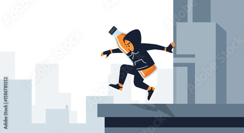 Hooded Person Jumps Across Rooftops Carrying Giant Orange Drink Bottle In Urban Landscape