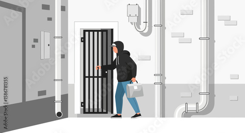 Hooded Figure Entering A Secured Facility With A Briefcase For Undercover Work