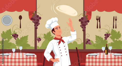 Professional Chef Tossing Pizza Dough In Traditional Italian Restaurant Illustration