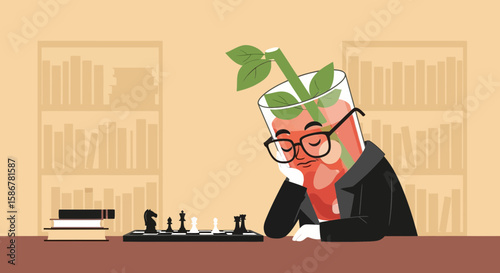 Overthinking Chess Game With Abstract Bloody Mary Inspired Character Creative Illustration