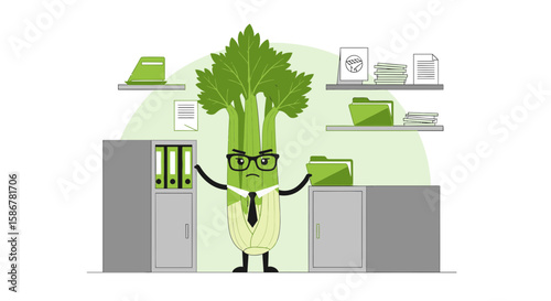 Overworked Celery Manages a Vegetable Office Amidst Paperwork And Greenery