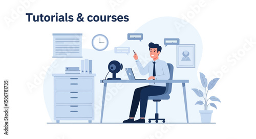 Professional Man Giving Online Courses And Tutorials From His Office Desk