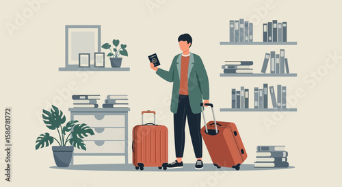 Man Ready For Vacation Holds Passport In The Living Room With Suitcases