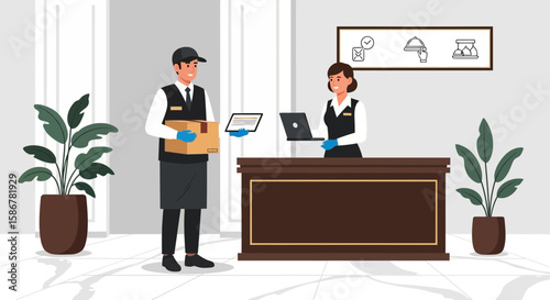 Hotel Reception Service With Courier Delivering Package And Receptionist At The Desk