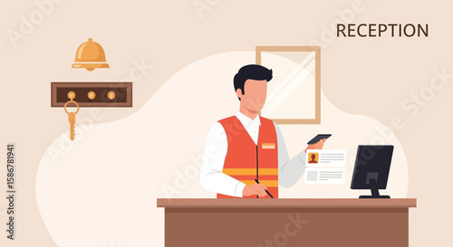 Hotel Receptionist Checking Reservation Guest Data Using Smartphone At Front Desk