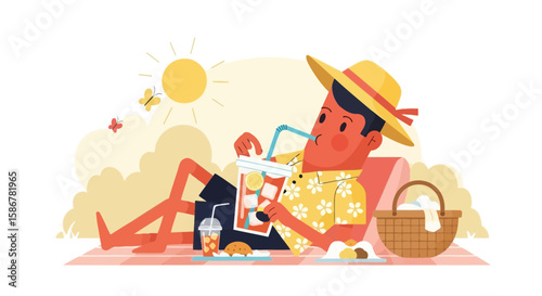 Man Relaxes With Refreshment During Summer Picnic Enjoying The Weather
