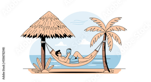 Man Relaxing And Reading On A Hammock Near The Beach During Summer Vacation