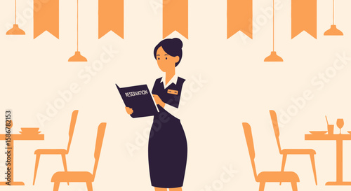 Professional Waitress Reads Reservation Book In Modern Restaurant Setting