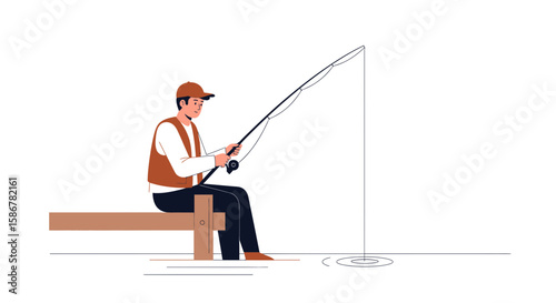 Man Relaxing By The Riverbank Illustration With Fishing Rod On Wooden Bench