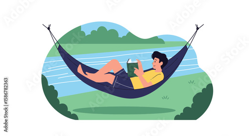 Man Relaxing In Hammock Reading A Book On A Beautiful Summer Day