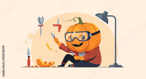 Pumpkin Carving Preparation With Safety Glasses For Halloween Celebration