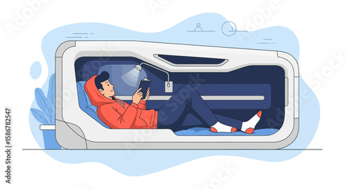 Man Relaxing Inside Futuristic Sleeping Capsule Reading a Tablet Device