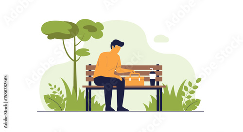 Man Relaxing On A Park Bench With Lunch Box And Drink At A Pleasant Noon