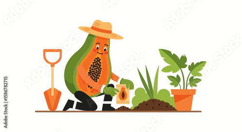 Papaya Gardener Planting Seeds A Whimsical Illustration For Agriculture Projects