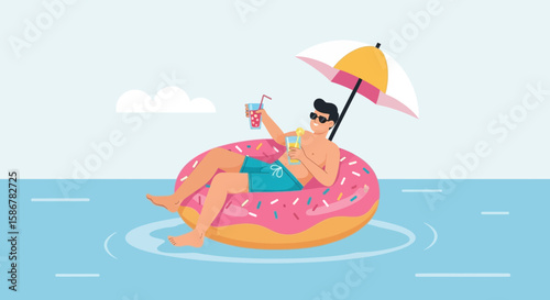 Man Relaxing On Donut Float With Tropical Drink Under Sun Umbrella