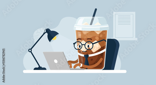 Iced Coffee Cup With Tie Works On Computer Vector Illustration Concept