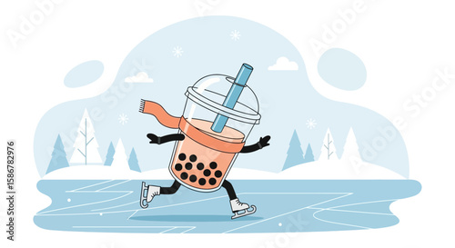 Ice Skating Bubble Tea Cartoon Character Enjoying Winter Time Activities