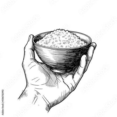  POV vintage sketch bowl of rice in hand first person view – a hand drawn black and white vector illustration engraving or woodcut svg