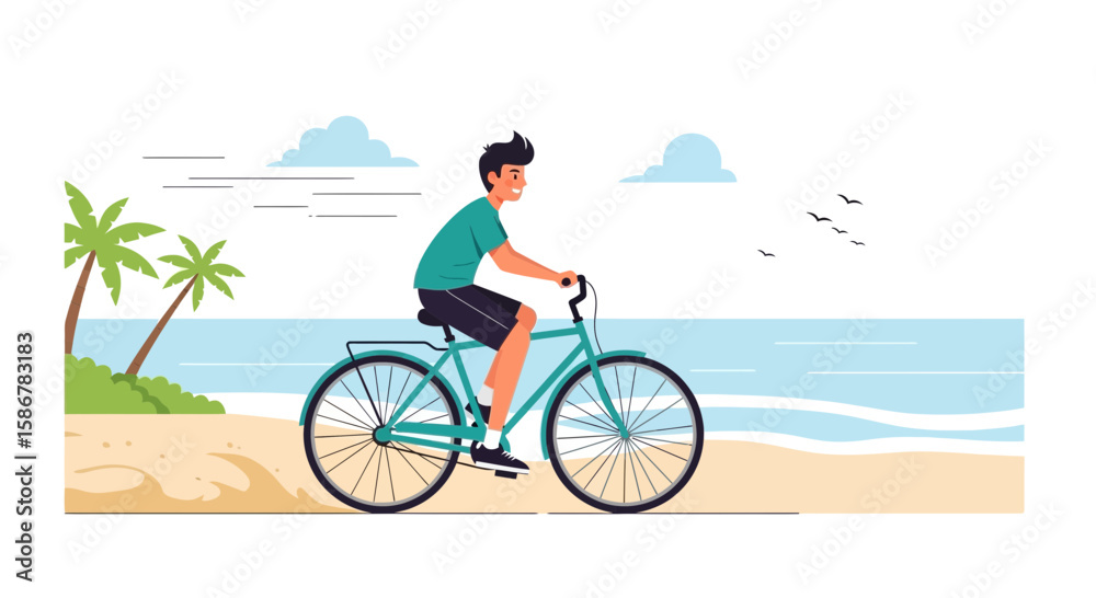 Obraz premium Man Riding Bicycle Along the Sandy Beach, Enjoying Scenic Seaside Landscape