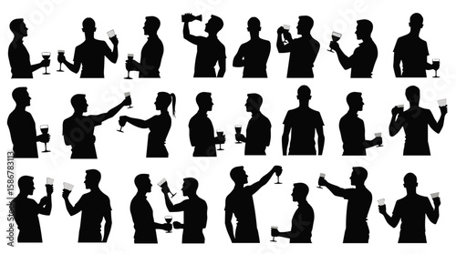 Silhouettes of people holding drinks in various poses and actions  