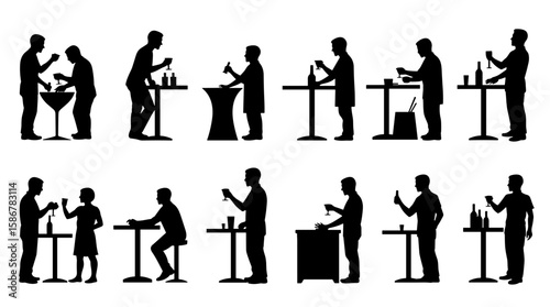 Silhouetted people preparing drinks at various tables in bar settings  