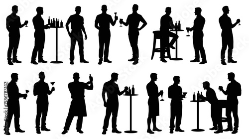 Silhouettes of men holding drinks in various poses and settings  