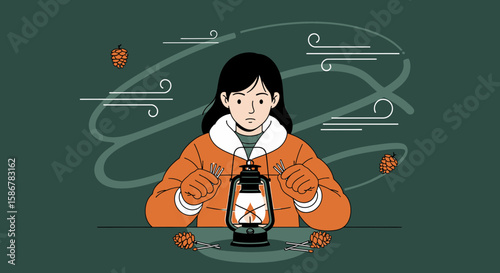Illustration Of A Woman Lighting A Lantern In A Windy Forest Scene