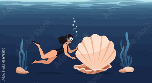Scuba Diver Examines Giant Seashell In The Depths Of The Ocean Water