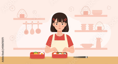 Illustration Of A Woman Preparing A Bento Box Lunch In A Bright Kitchen
