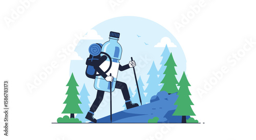 Quirky Water Bottle Hiker Adventure In Nature Scene Cartoon Illustration